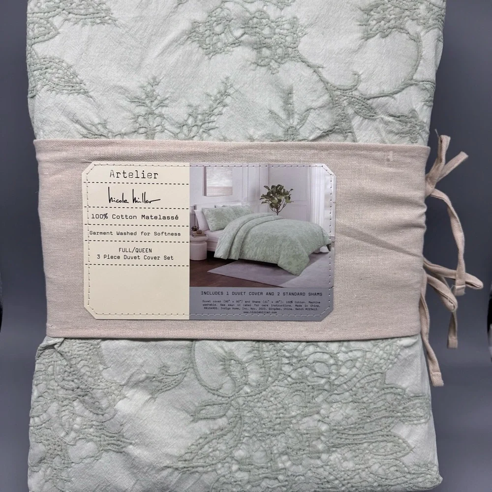 3pc Nicole Miller Artelier Lt Sage Queen Duvet Cover Sham Set Matelasse Cotton